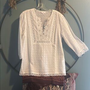 J. Jill White Embroidered 3/4 Sleeve Bib Collar Blouse